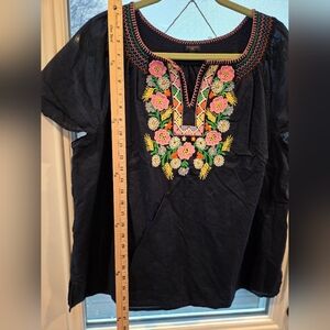 Talbots Woman Plus 2X embroidered blouse shirt Navy Cotton colorful floral yoke